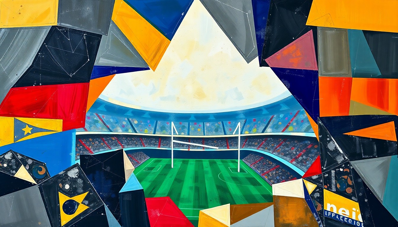 A cubist-style painting depicting a Champions League quarterfinal match, with the action broken down into sharp, overlapping geometric shapes and planes, capturing the dynamic and unpredictable nature of the high-stakes competition.