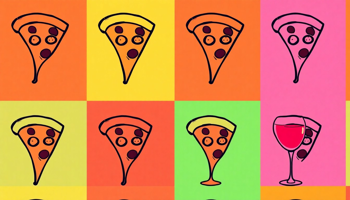 A vibrant, high-contrast silkscreen print of a single, iconic Italian food item repeated in a tight grid pattern, capturing the creative spirit of Clementina's gluten-free culinary reimagining.