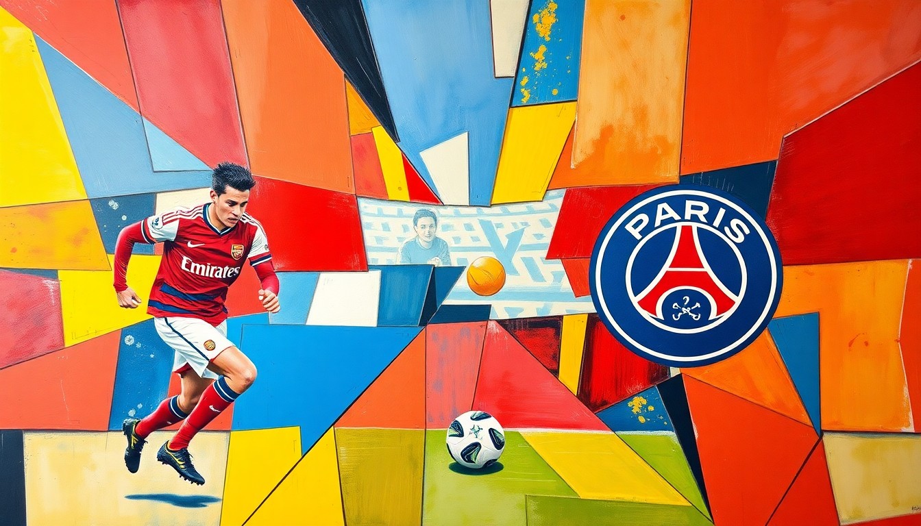 A fragmented, geometric painting depicting a soccer match or competition between Arsenal and PSG players, with sharp, overlapping shapes in vibrant colors like red, blue, and yellow, capturing the dynamic tension between tactical discipline and creative expression.