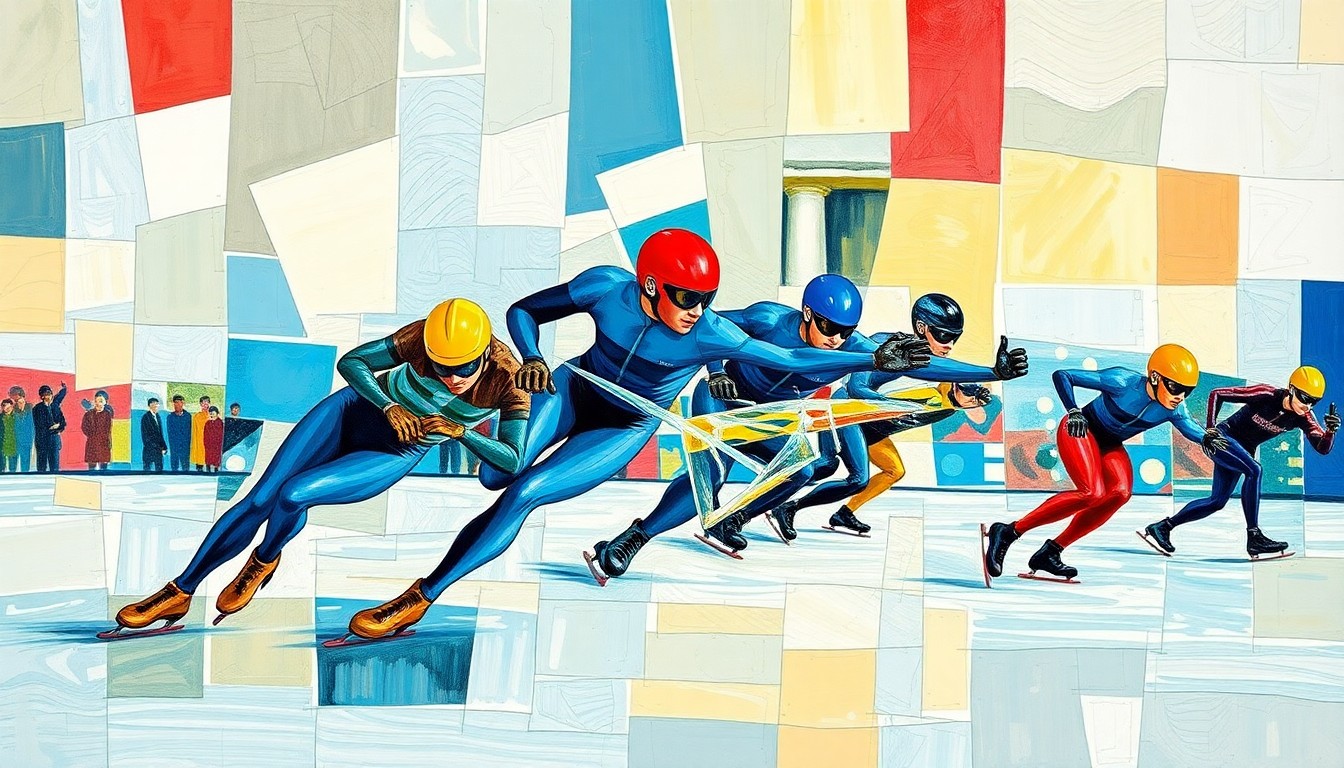 A cubist-style painting depicting a speed skating competition, with the athletes and the ice rink broken down into sharp, overlapping geometric shapes in vibrant colors, conveying the intensity and dynamism of the event.