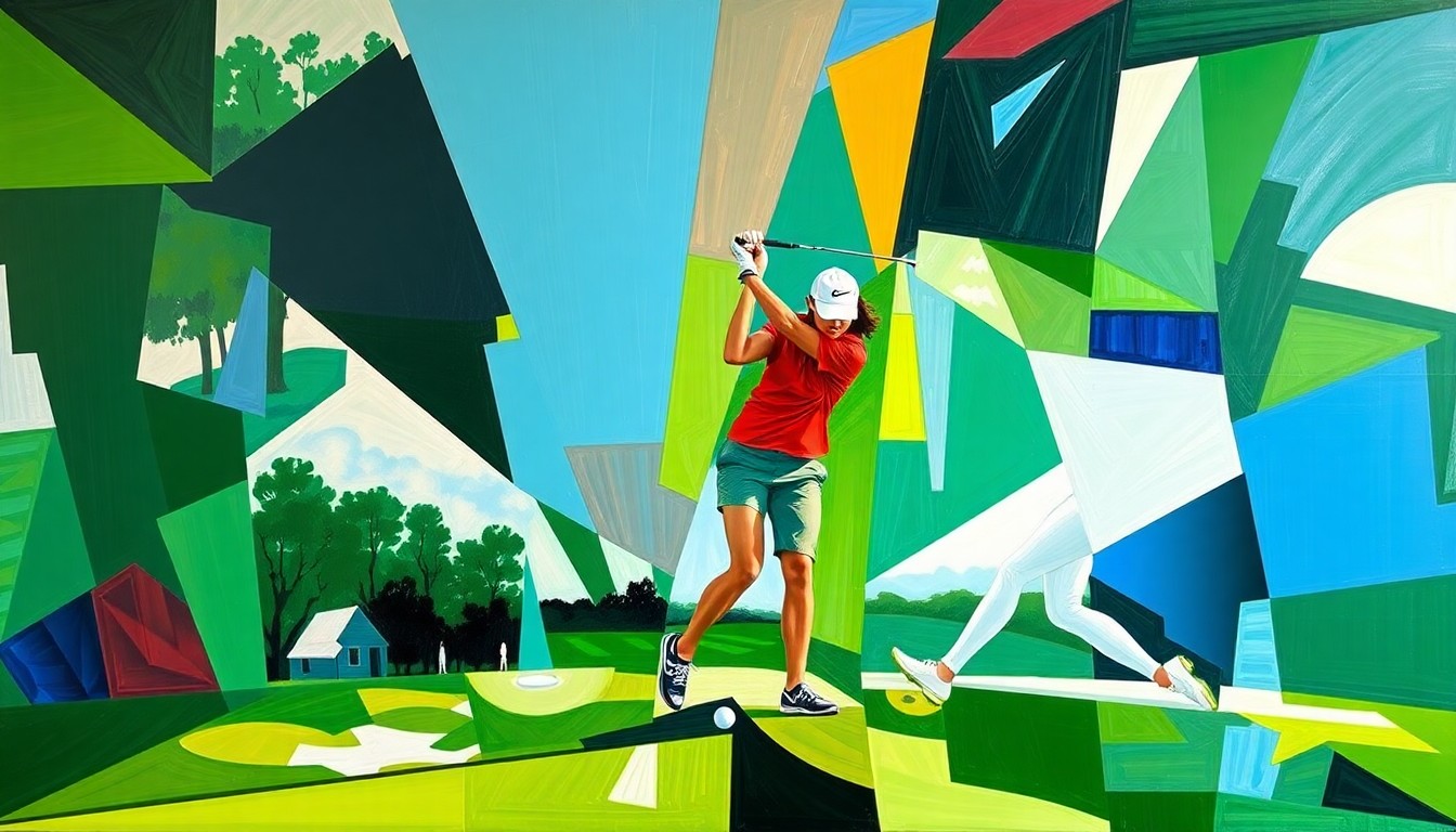 A fragmented, geometric painting in shades of green, white, and blue, depicting the overlapping movements and perspectives of a high-stakes golf tournament, conveying the competitive spirit and technical mastery of the players.