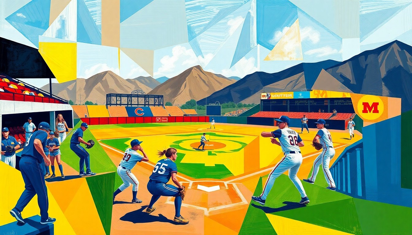 A fragmented, geometric painting in bold colors depicting the action and movement of a softball game, conveying the Mountaineers' impressive win over Gardner-Webb.