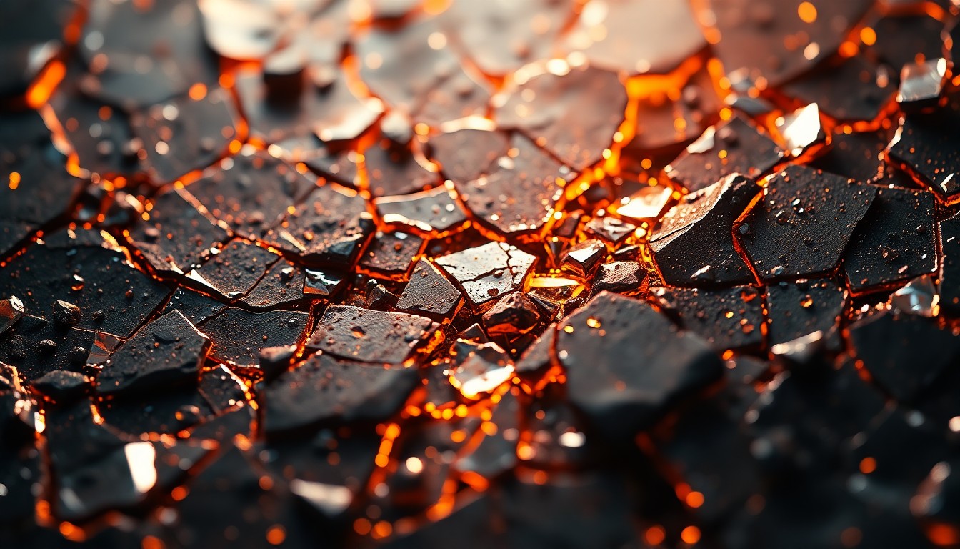 An extreme close-up of cracked, molten glass reflecting a faint red glow, conceptually illustrating the complex duality of power and authority in the Absolute Universe's take on Black Adam.