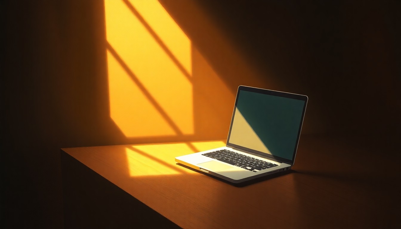 A solitary laptop computer sits on a wooden desk, its screen reflecting a soft, warm glow in a dimly lit room, conceptually representing the digital threats facing children in the modern era.