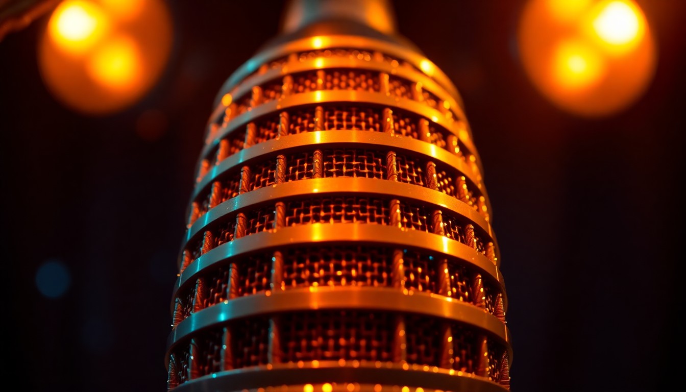 An abstract, high-contrast close-up photograph of a metallic microphone grill, capturing the glamour and texture of the radio industry.
