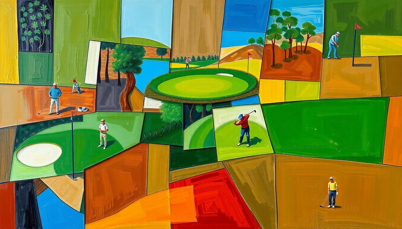 A cubist, geometric painting depicting a fragmented golf course with players, clubs, and balls in overlapping planes of vibrant greens, browns, and blues.