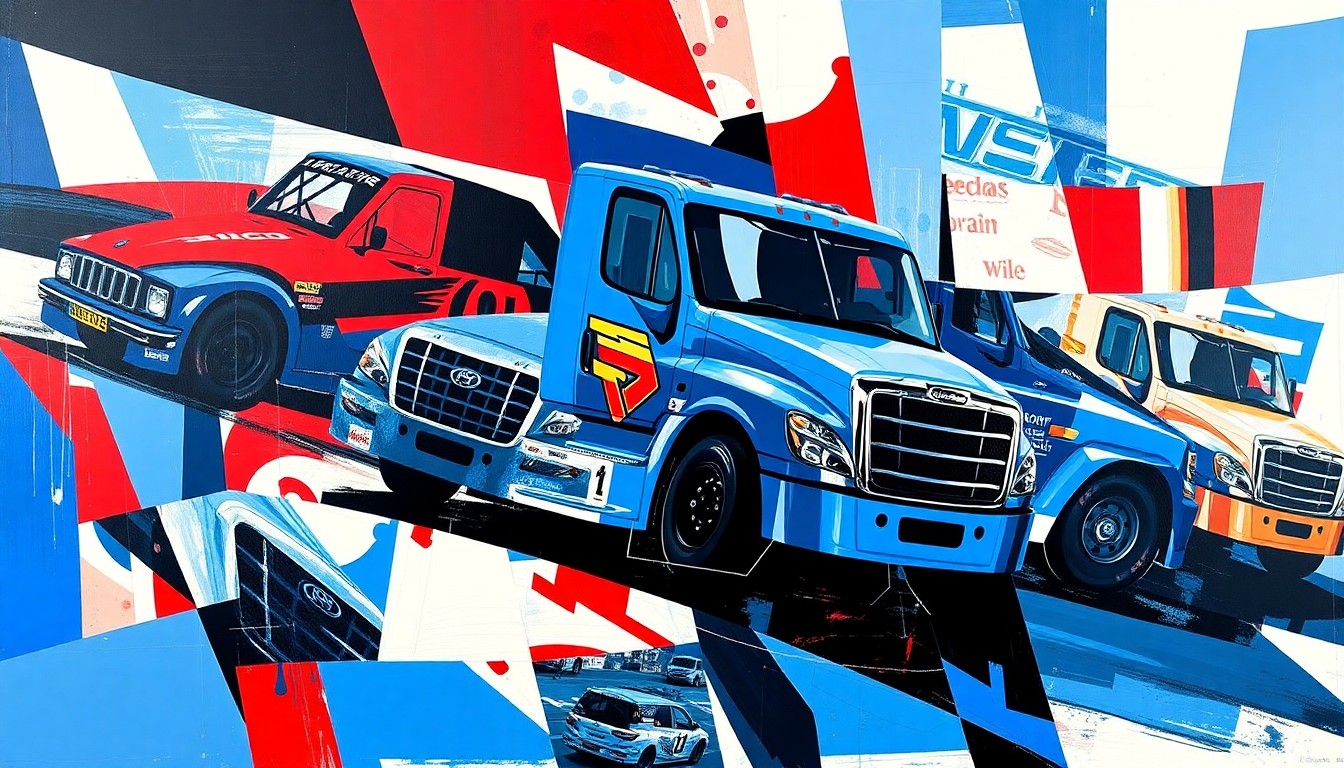 A fragmented, geometric painting depicting a NASCAR Craftsman Truck Series race at Bristol Motor Speedway, with the trucks represented as abstract shapes in a palette of deep blues, vibrant reds, and bright whites, conceptually illustrating the excitement and intensity of the Triple Truck Challenge.