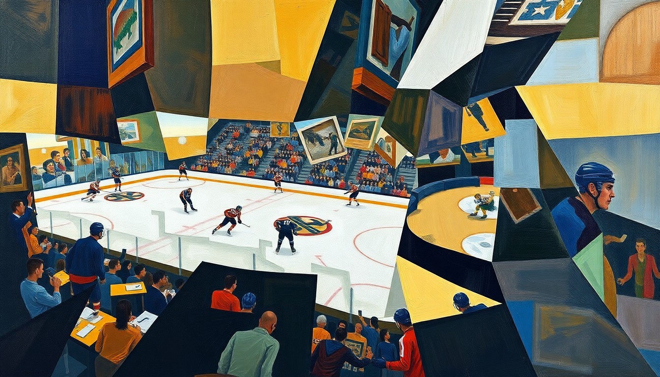 A cubist, geometric painting depicting a fragmented hockey scene, with overlapping planes of color and shape representing the complex, analytical nature of modern sports management.