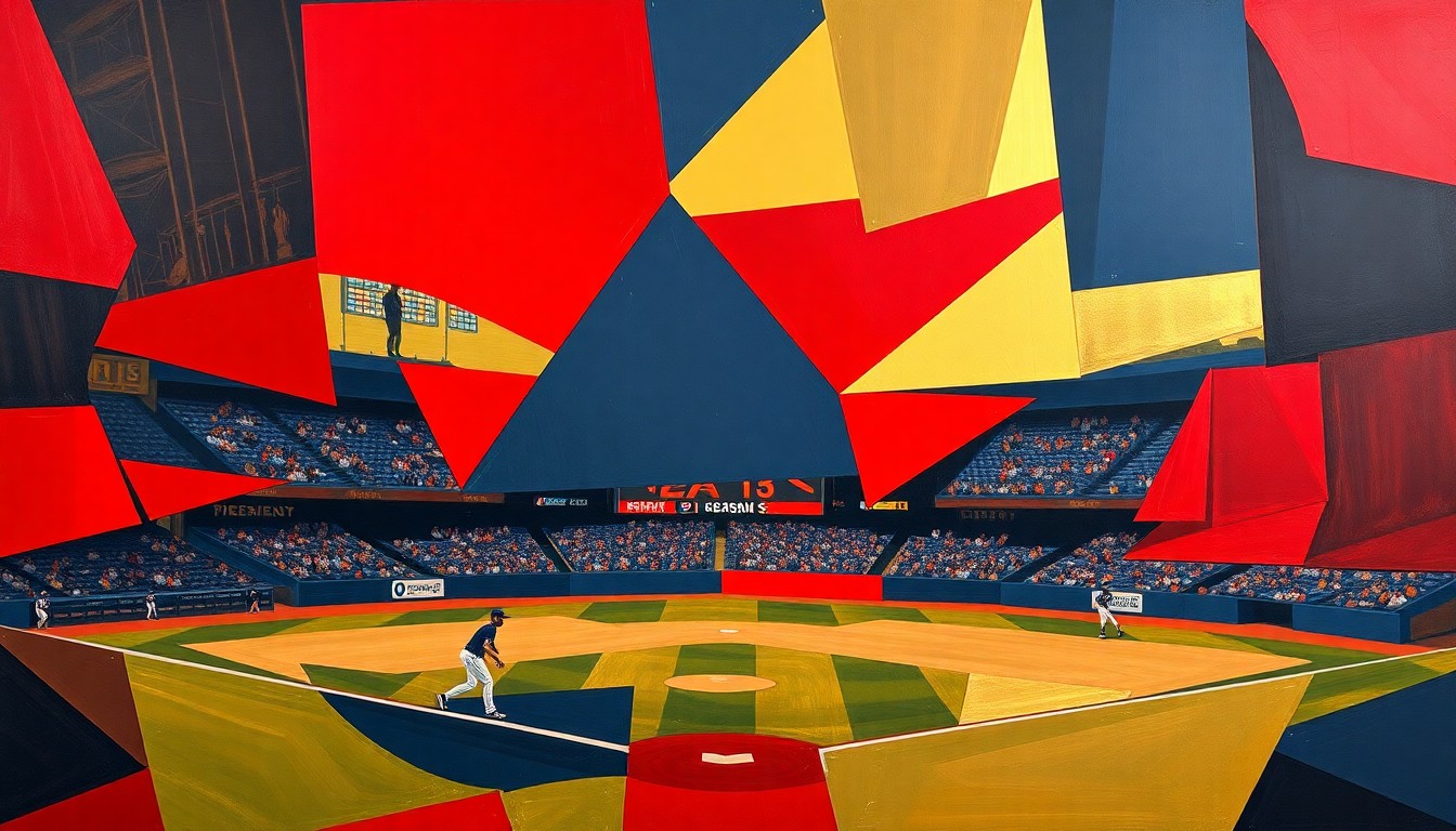A cubist-style painting depicting a fragmented baseball infield scene, with sharp geometric shapes in deep red, navy blue, and gold tones, conveying the complexity of the Red Sox's trade negotiations to upgrade their infield.