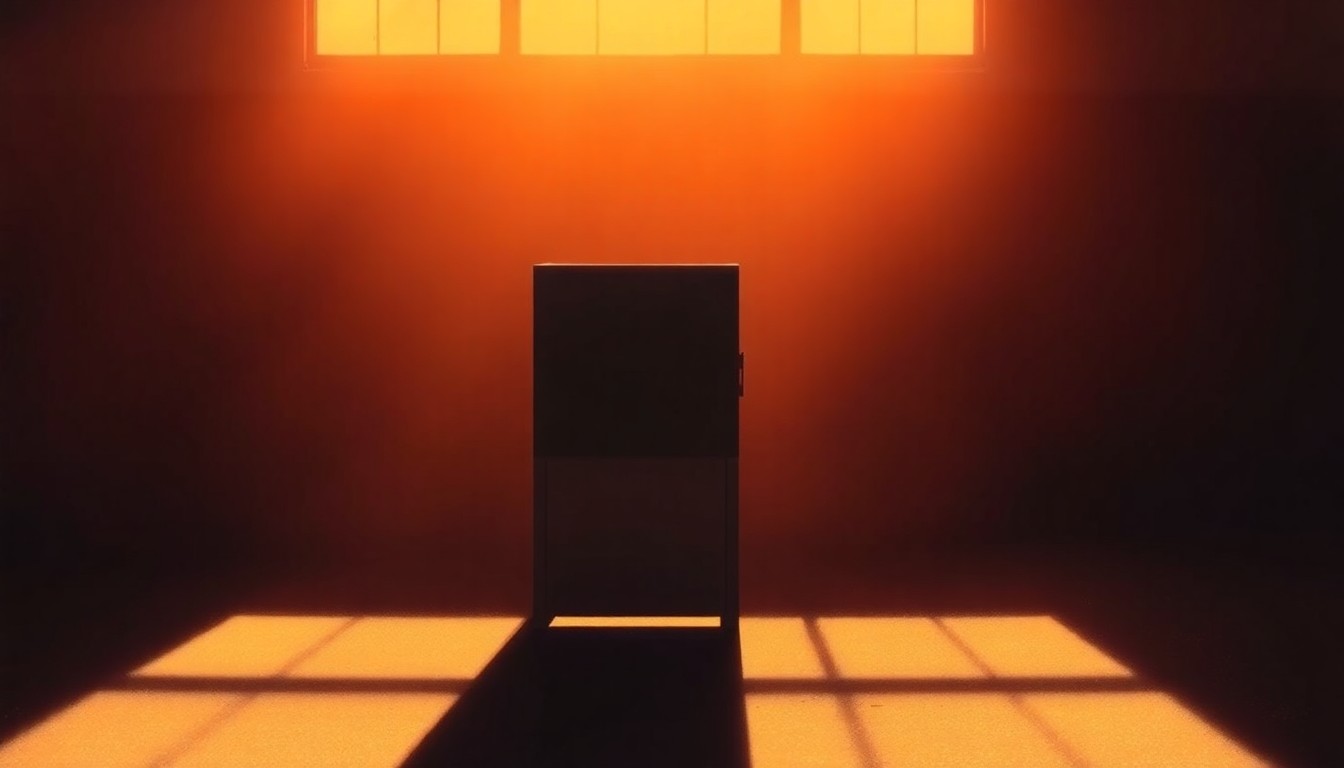 A photorealistic painting of a lone ballot box or voting booth in a dimly lit urban setting, with warm sunlight casting dramatic shadows across the scene, conveying a sense of unease and uncertainty about the integrity of the electoral process.