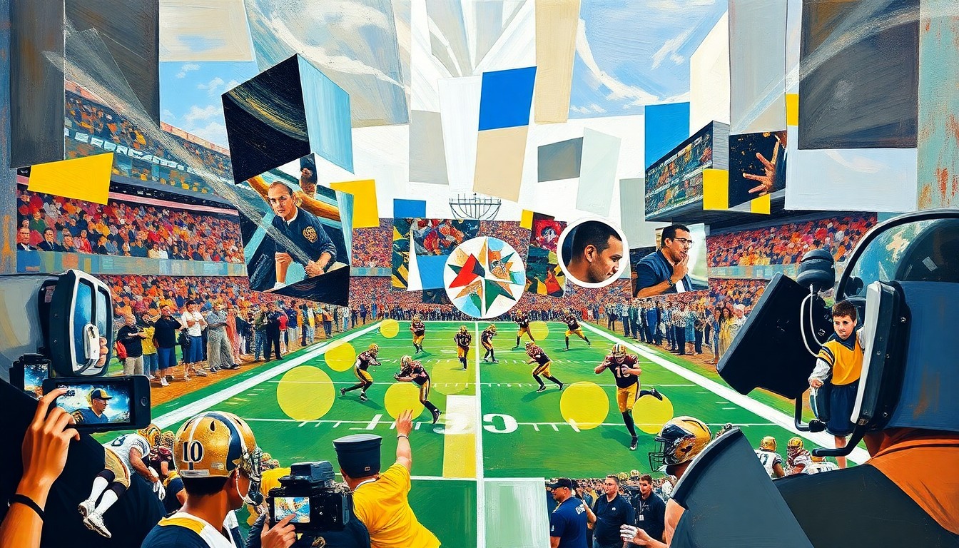 A fragmented, multi-angled painting depicting a football game or draft day scene, with sharp, overlapping geometric shapes in a cubist style, capturing the strategic essence of the trade between the 49ers and Cardinals.