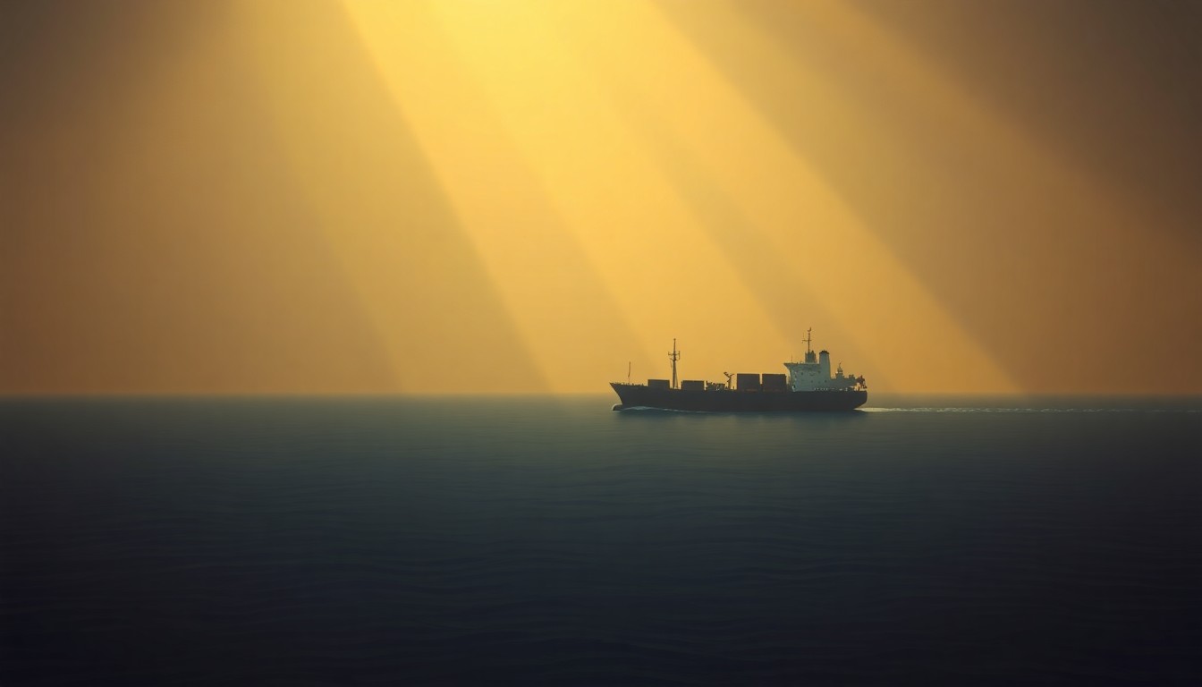A serene oil painting depicting a solitary cargo ship sailing through the Strait of Hormuz, the warm sunlight casting deep shadows across the water and ship's hull, conveying a sense of uncertainty and unease in the aftermath of regional conflict.