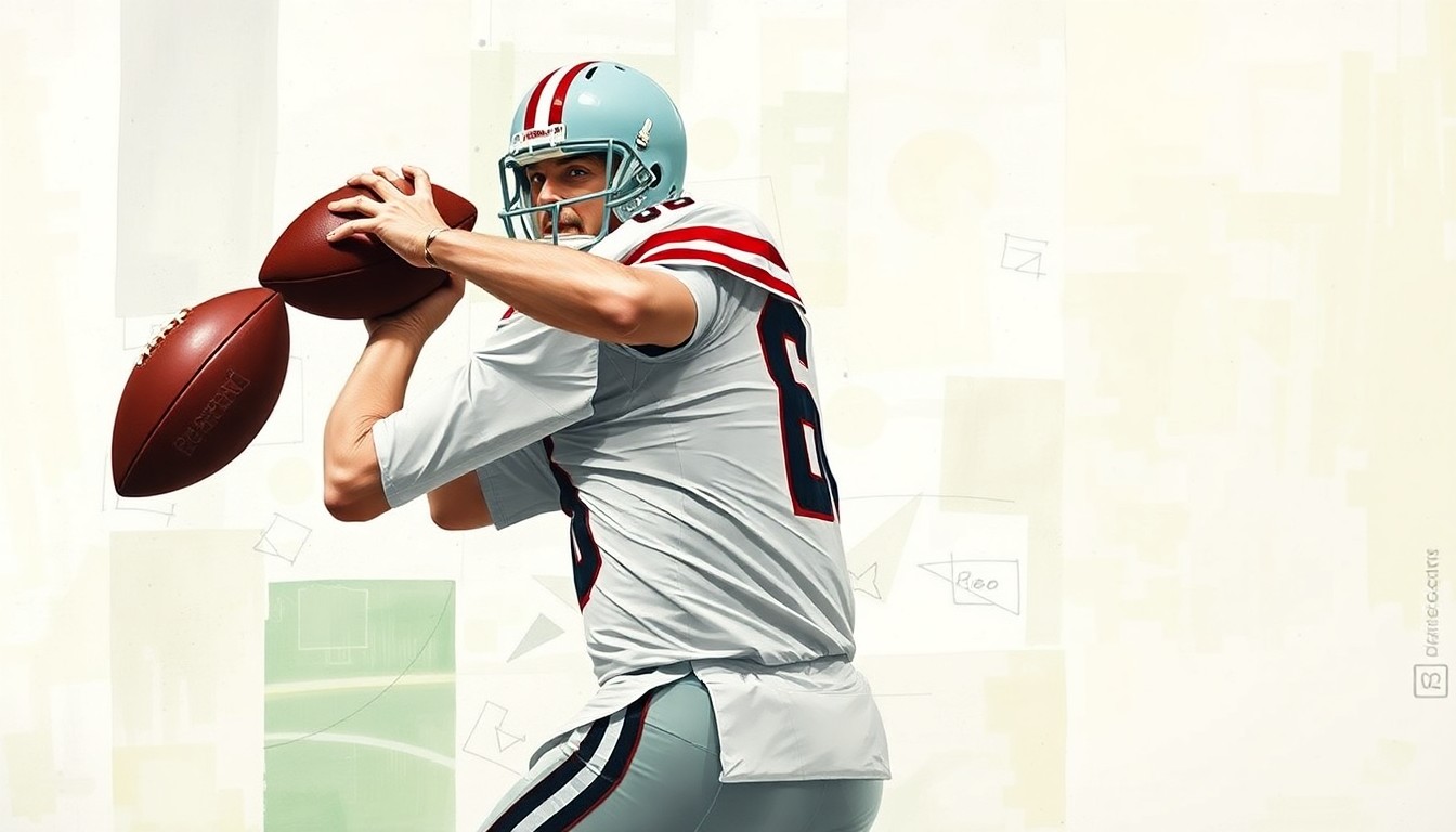 A fragmented, geometric painting depicting a quarterback dropping back to pass, with the player's body and the football broken down into sharp, overlapping planes of color, conveying the complex decision-making and timing required to maximize an offense's explosive plays.