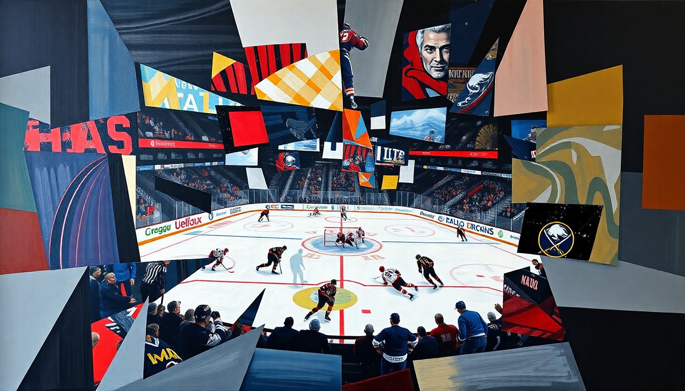 A cubist, geometric painting depicting a hockey game, with players and the rink broken down into sharp, overlapping planes of color and shape, capturing the chaotic energy and resilience of the Ottawa Senators' season.