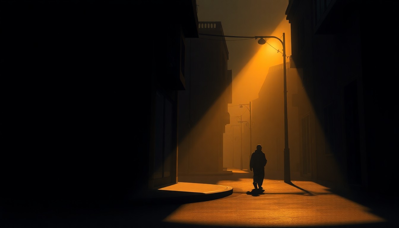 A dimly lit street corner in a Middle Eastern city, with a lone figure walking away in the distance. The scene is bathed in warm, diagonal sunlight and deep shadows, creating a sense of quiet contemplation.