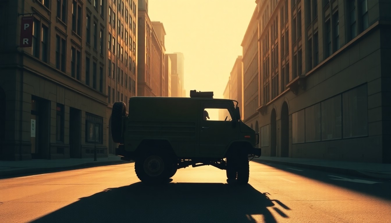 A detailed, photorealistic painting of a military vehicle parked alone on a shadowy urban street, with warm sunlight casting dramatic diagonal shadows across the scene, conveying a sense of solitude and contemplation.