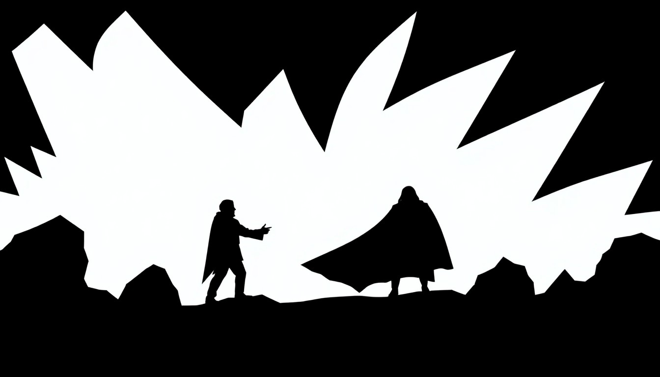 A striking abstract composition featuring bold, jagged geometric shapes in black, red, and white, conceptually representing the return of the influential doom metal band Warning and the release of their new album.