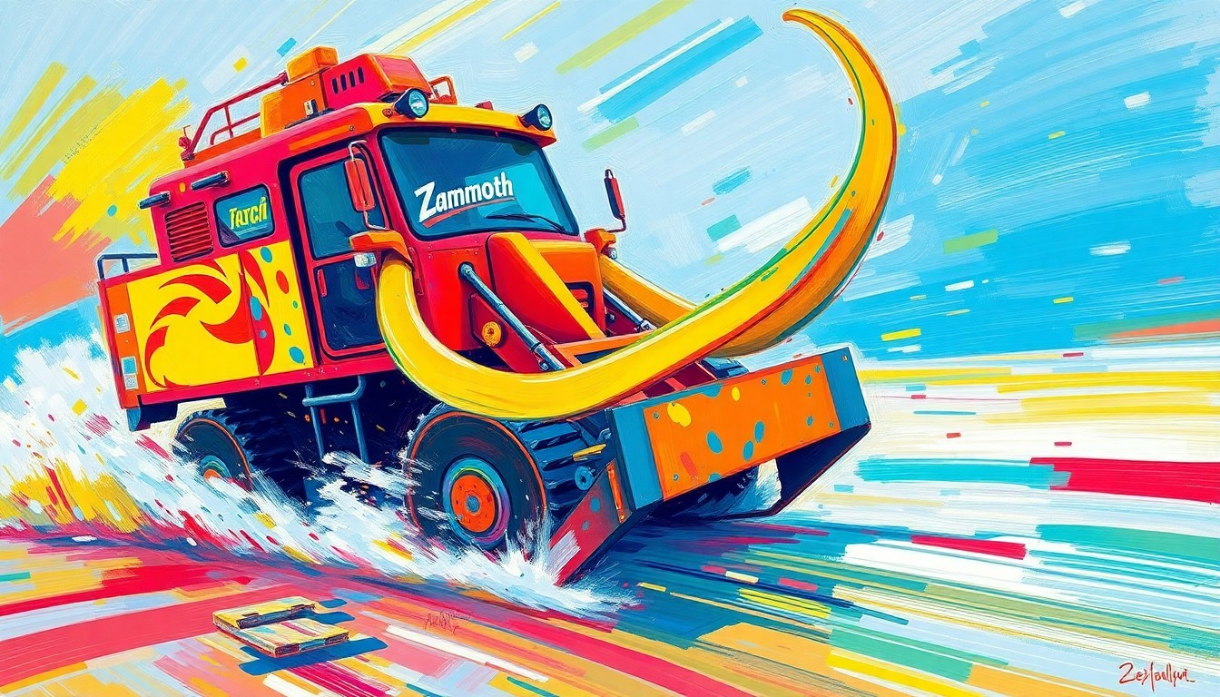 An expressionist painting in neon colors depicting the Zammoth ice resurfacer, with its distinctive mammoth tusks, gliding across the ice in a blur of movement and energy.