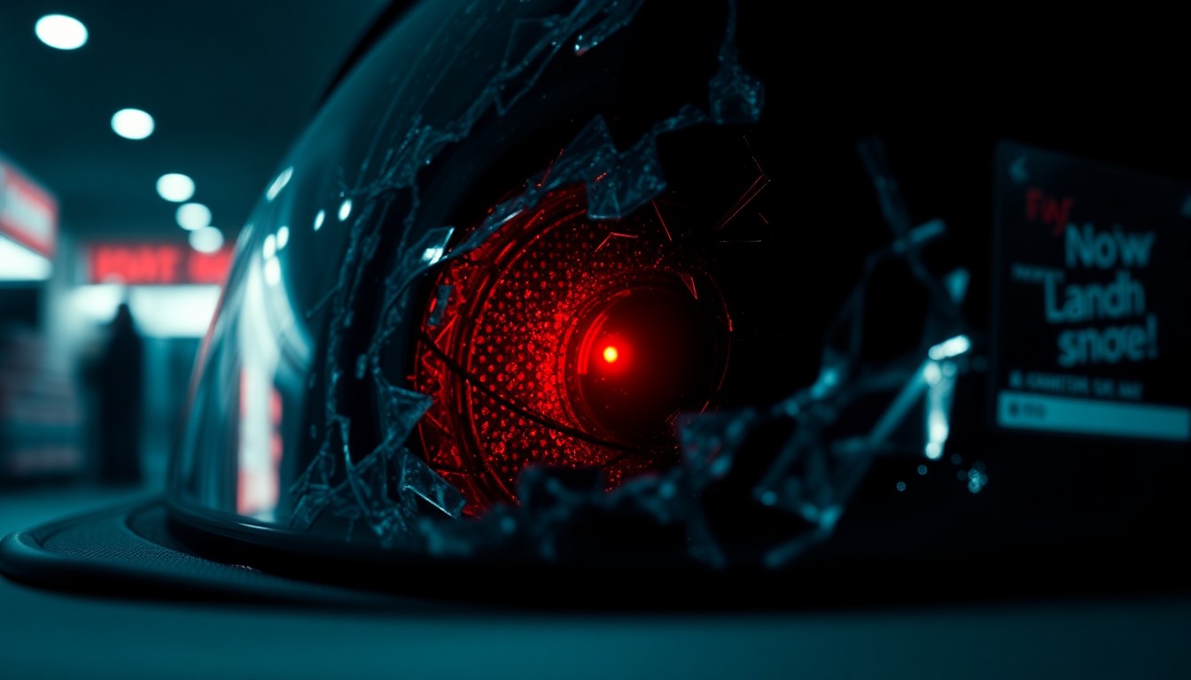 An extreme close-up of a shattered car sensor lens reflecting a faint red light, conceptually illustrating the aftermath of a tragic car crash at a grocery store.