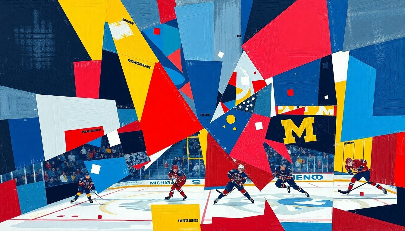 A cubist, geometric painting featuring overlapping planes of navy blue, crimson red, maize, and blue, conceptually representing the intense action and competition of the Frozen Four semifinal between Denver and Michigan.