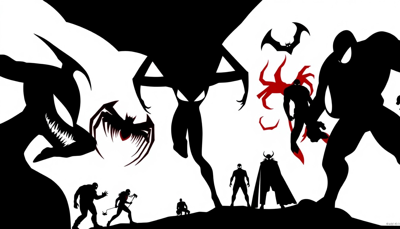 A striking, abstract composition of jagged, geometric shapes in bold red and black, representing the various villains from the upcoming Spider-Man film in a conceptual, minimalist style.