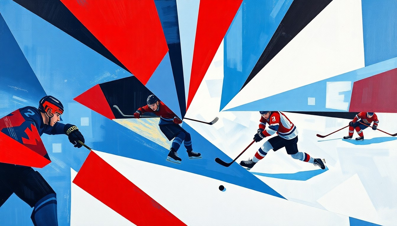 A fractured, multi-perspective painting in the style of Pablo Picasso, breaking down a hockey game into sharp, overlapping geometric planes in a vibrant color palette of blues, reds, and whites, conceptually representing the strategic and dynamic nature of the Sabres' victory.
