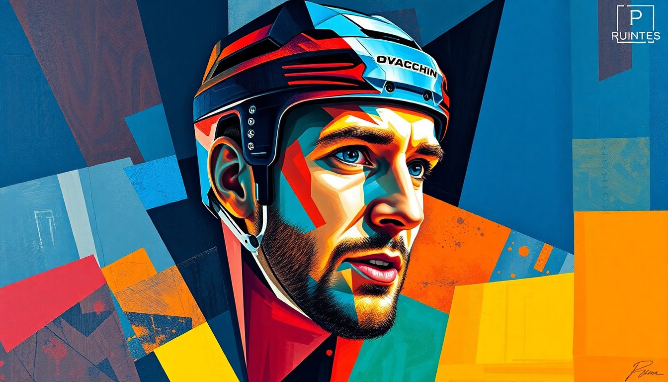 A fragmented, geometric painting depicting the various aspects of Alex Ovechkin's hockey career, including his goal-scoring prowess, leadership, and enduring legacy in the sport.