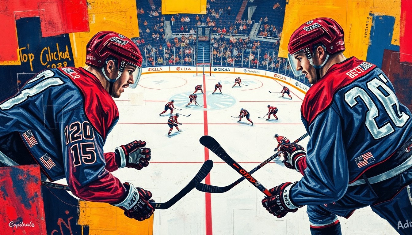 A cubist, geometric painting depicting a hockey game, with the Protas brothers and Tom Wilson as the central figures, their movements and positions fractured and deconstructed into overlapping planes of color and shape.