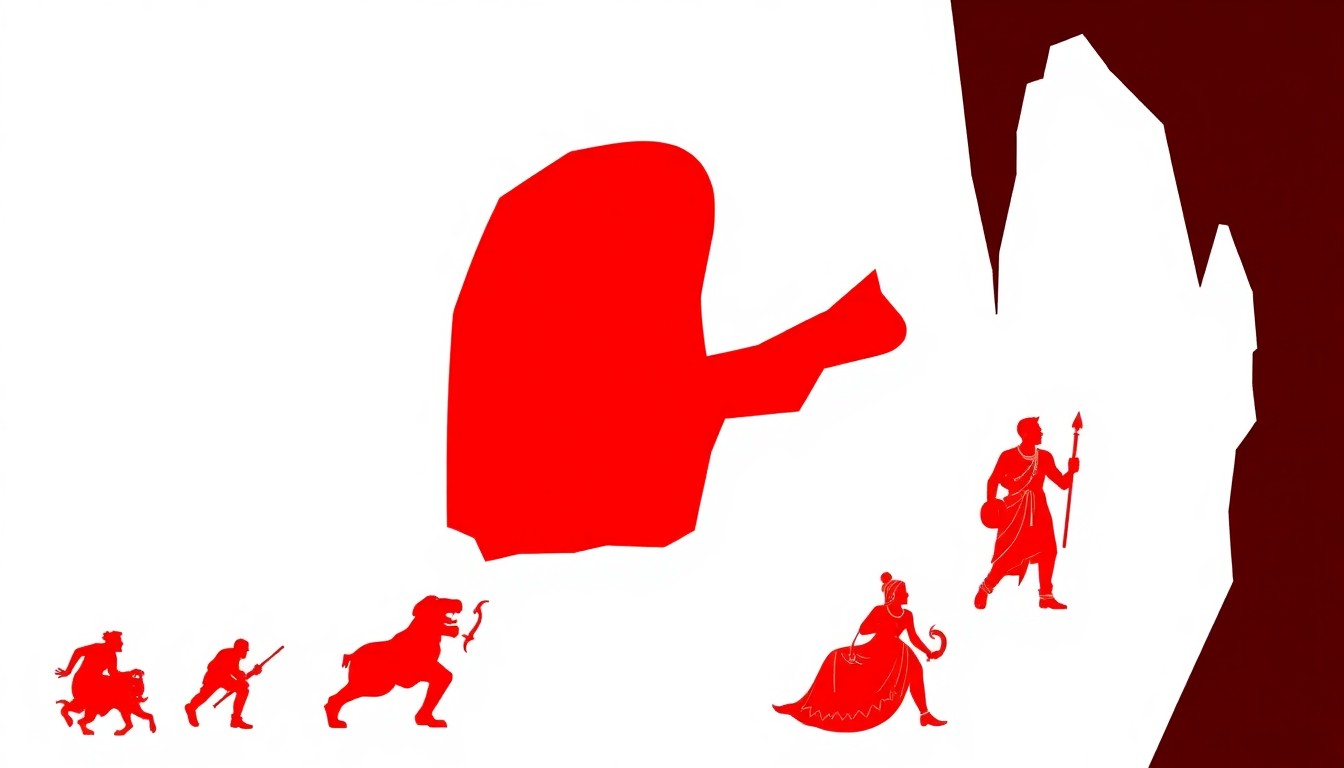 An abstract, minimalist illustration using bold, jagged shapes and high-contrast colors to conceptually represent the epic Ramayana story without any literal depictions.