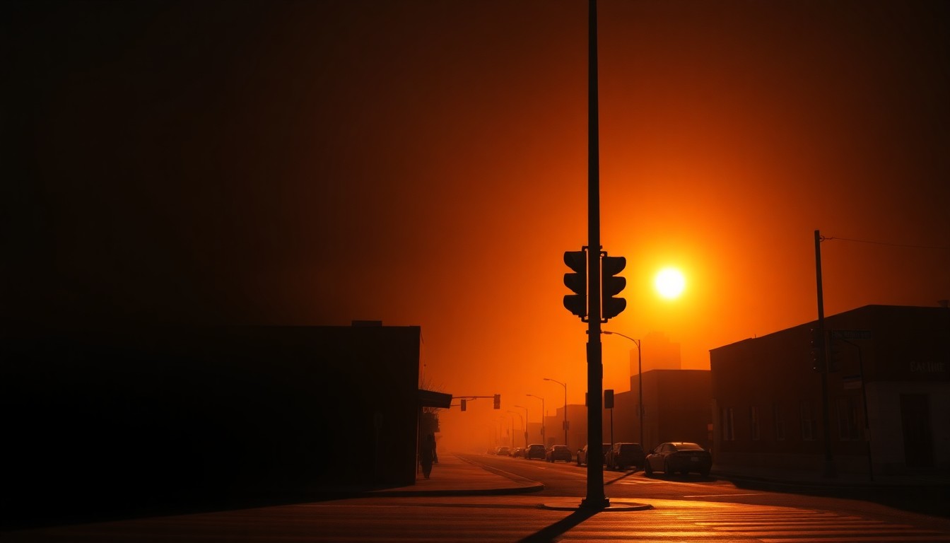 A serene, cinematic painting of a solitary traffic signal or intersection in Salt Lake City, with warm, diagonal sunlight and deep shadows creating a contemplative mood that reflects the tension between local and state control over transportation initiatives.