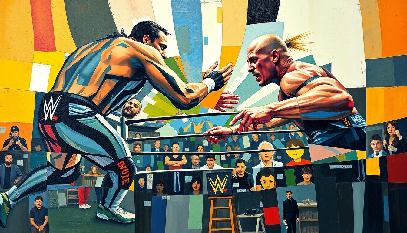 A cubist, geometric painting depicting a fractured, multi-perspective view of a WWE wrestling match, with sharp, overlapping planes of color and form.