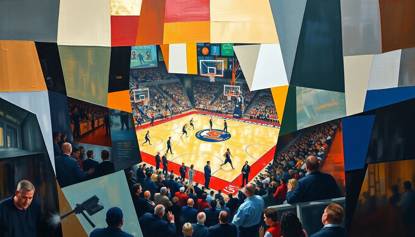 A cubist, geometric painting depicting a college basketball game in motion, with players and the court fragmented into sharp, overlapping shapes and planes of color, capturing the dynamic energy and unpredictability of the tournament.