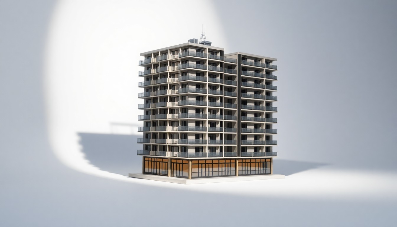 A minimalist studio photograph of a sleek, modern apartment building model made of polished metal and glass, floating on a clean white background and dramatically lit to symbolize the complexities of community development projects.