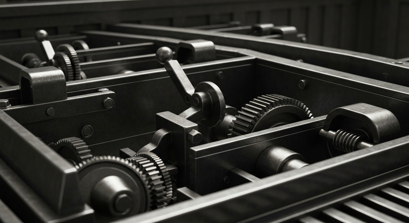 An extreme close-up of intricate, industrial banking machinery and mechanisms, conveying the complex and powerful forces at play in the financial sector.