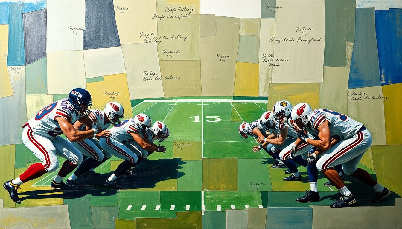 A cubist-style painting depicting an offensive line formation, with the players and field broken down into sharp, overlapping geometric shapes in a variety of earthy tones, conceptually representing the strategic strengthening of Oregon State's offensive line.
