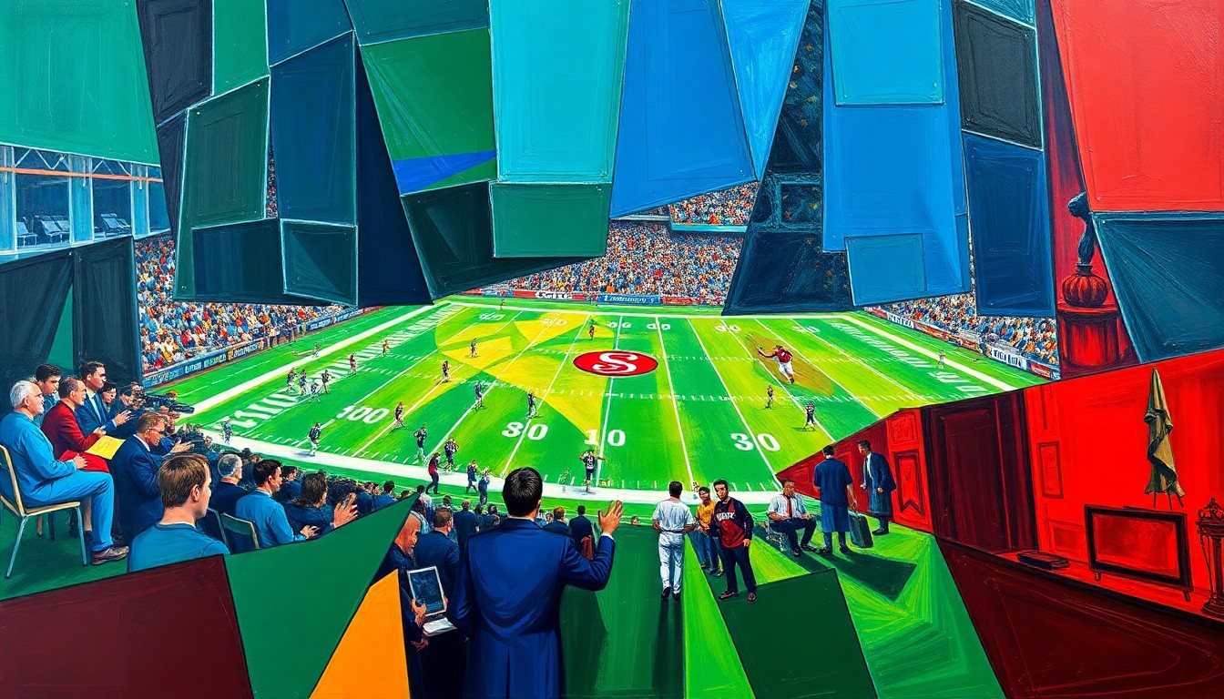 A cubist, geometric painting depicting overlapping planes of football players, coaches, and draft materials, conveying the intricate and dynamic nature of the Seahawks' draft preparation.