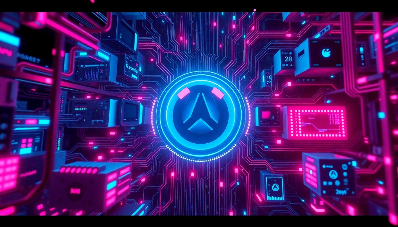 A highly detailed, luminous 3D illustration of a complex network of interconnected digital hardware and infrastructure components, bathed in neon cyan and magenta lights, conceptually representing the high-stakes financial and technological challenges behind the Overwatch League and the gaming industry.