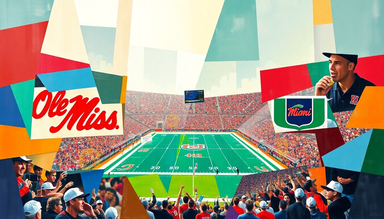 A cubist, geometric painting depicting a fragmented college football game, with sharp, overlapping planes in the official colors of the Ole Miss Rebels and Miami Hurricanes, conveying the sense of disruption and uncertainty surrounding the Rebels' program.