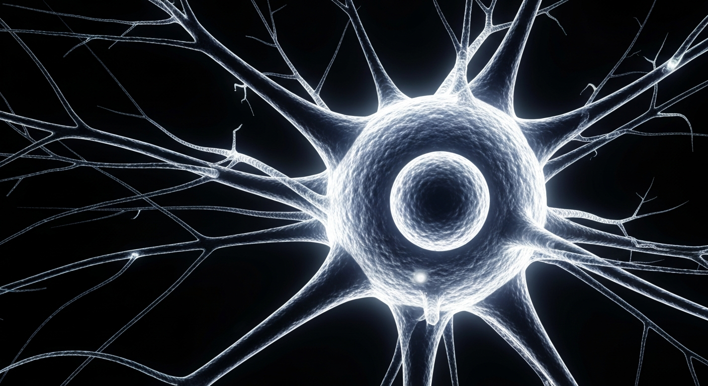 An ethereal, translucent X-ray photograph showing the intricate structure of a neuron, with its delicate axons and dendrites visible as glowing lines against a dark background, conceptually representing the neuron damage caused by multiple sclerosis.