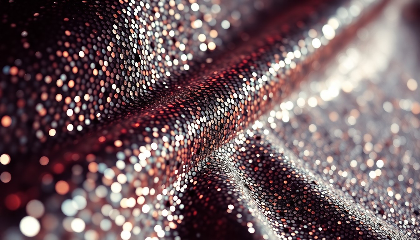 An abstract close-up photograph of shimmering, high-contrast textures like glittering sequins and shattered glass, capturing the glamorous and high-fashion aesthetic of the 'Taste for a Cure' event.