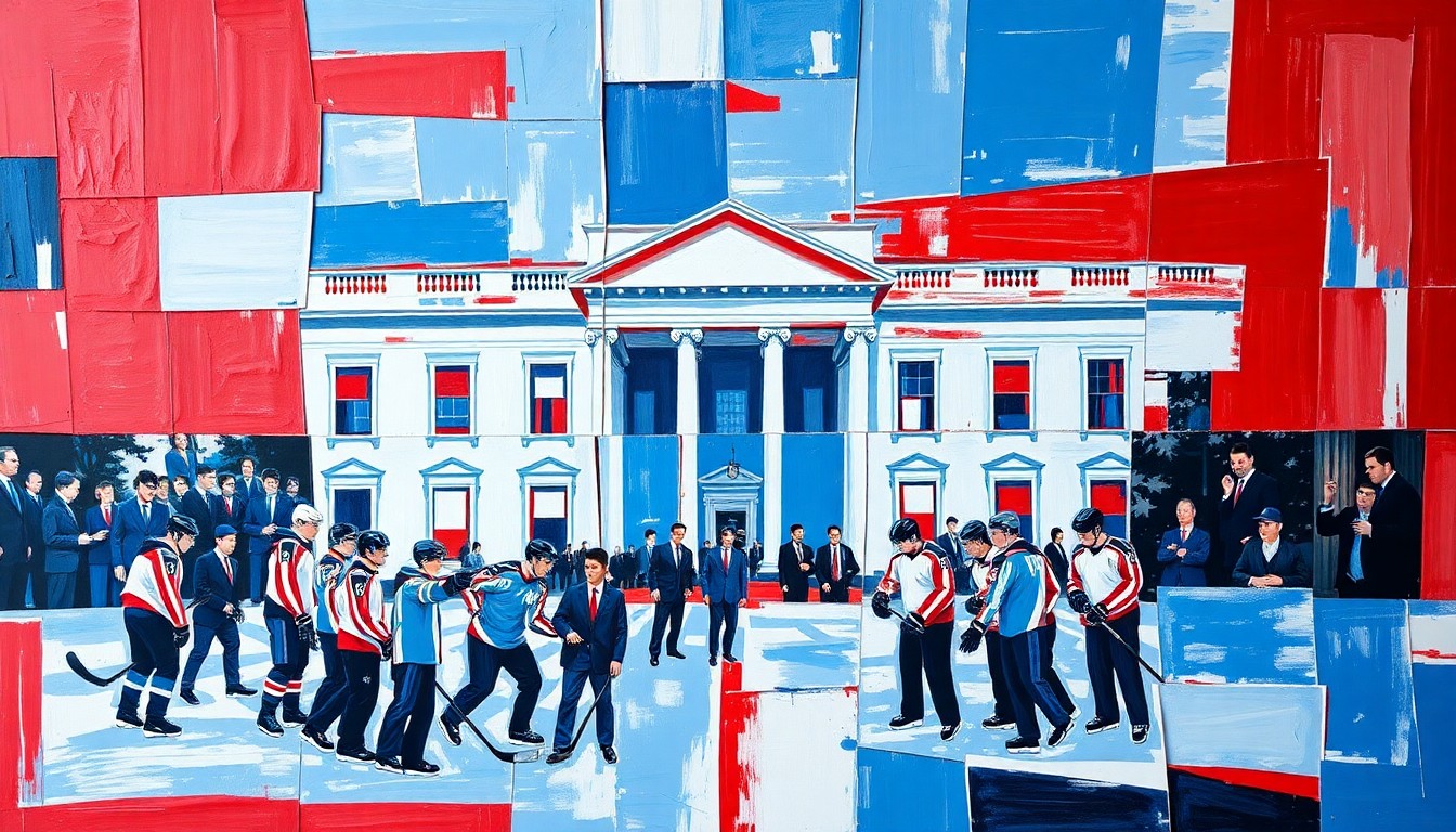 A cubist, geometric painting in red, white, and blue, breaking down the U.S. men's hockey team's White House visit into sharp, overlapping planes, capturing the multifaceted perspectives and reactions surrounding this high-profile moment.