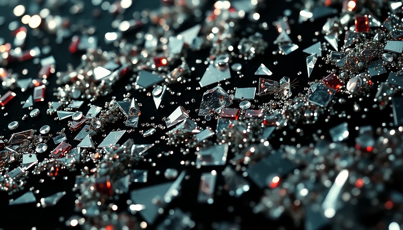 An extreme close-up of shimmering sequins and shattered glass, reflecting dramatic studio lighting to create a high-fashion, glamorous aesthetic that evokes the suspenseful tone of the Dexter: Resurrection TV series.