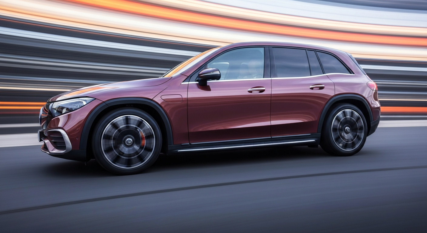 An abstract, sweeping color photograph depicting a Mercedes EQB electric SUV in motion, its body blurred into vibrant streaks of color that convey a sense of speed and modern engineering.