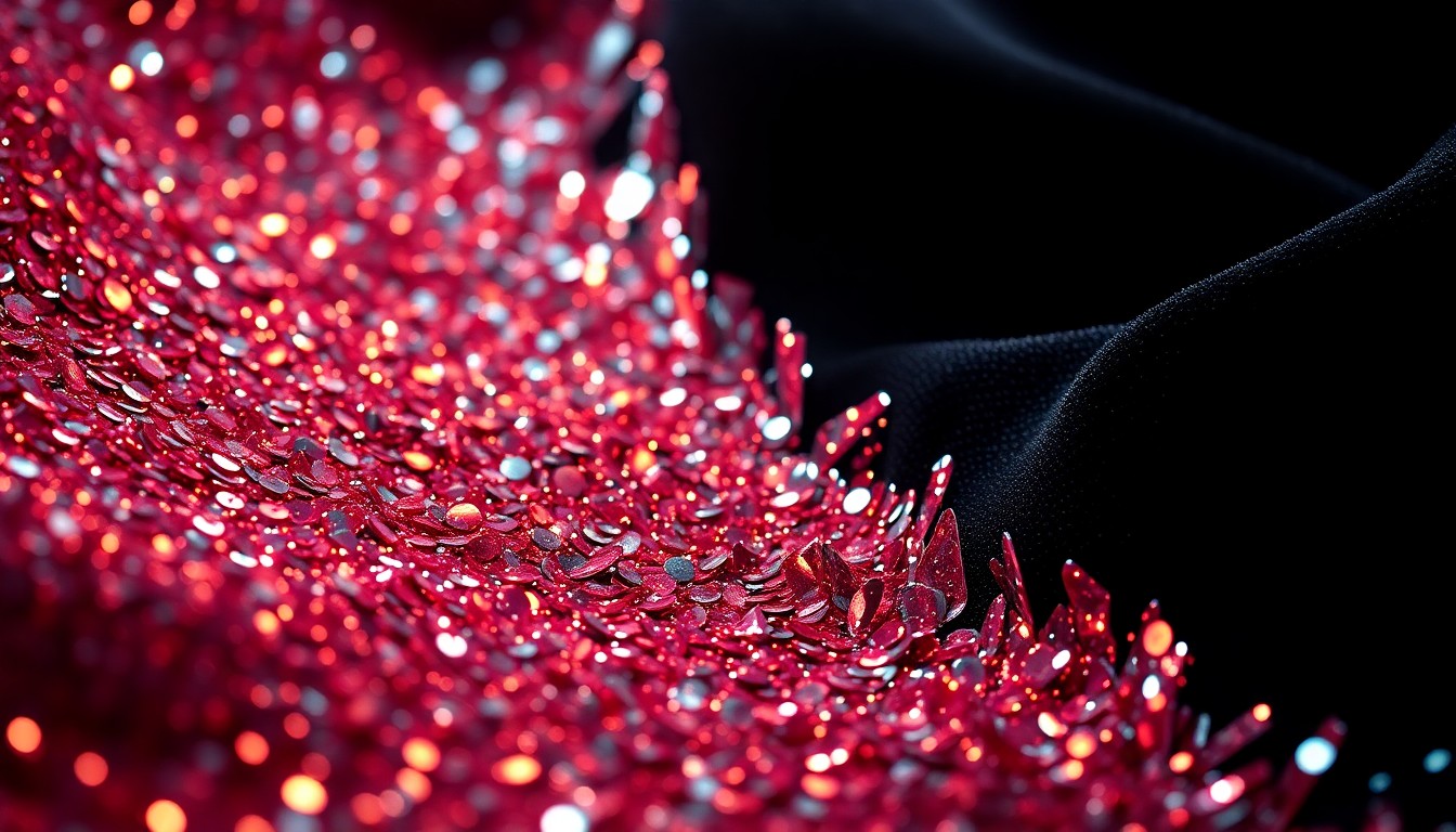 An extreme close-up of shimmering, reflective sequins in a high-contrast, high-fashion studio lighting setup, conceptually representing the glamour and artistry of the movie music industry.