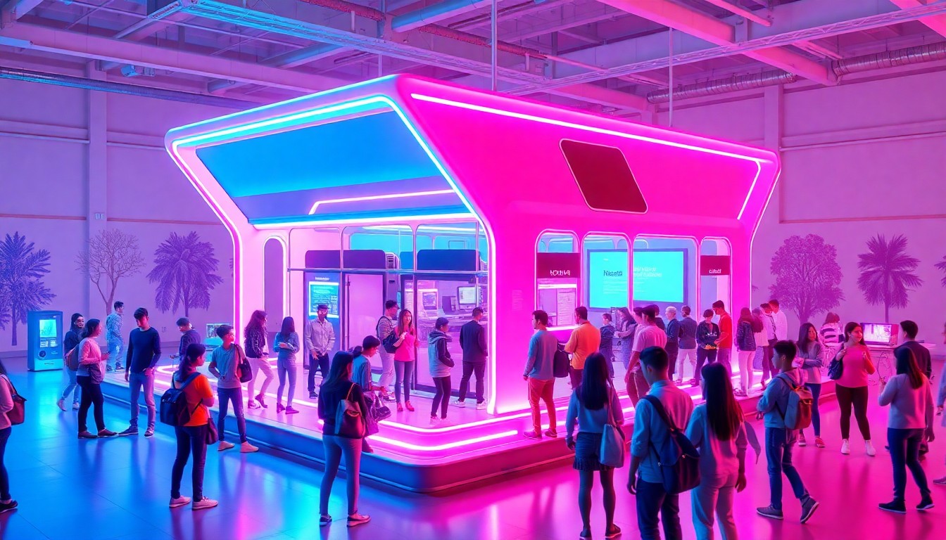 A glowing, futuristic 3D illustration of a modular community technology hub surrounded by diverse young people engaged in various activities, conceptually representing Gainesville's efforts to address gun violence through technology-based youth programs.