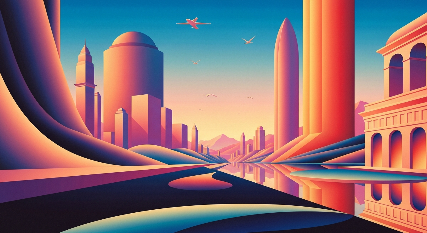 A bold, geometric illustration in the Art Deco style, featuring sweeping gradients and towering architectural forms that evoke the grand scale and romance of travel, without any literal depictions of people, places, or text.
