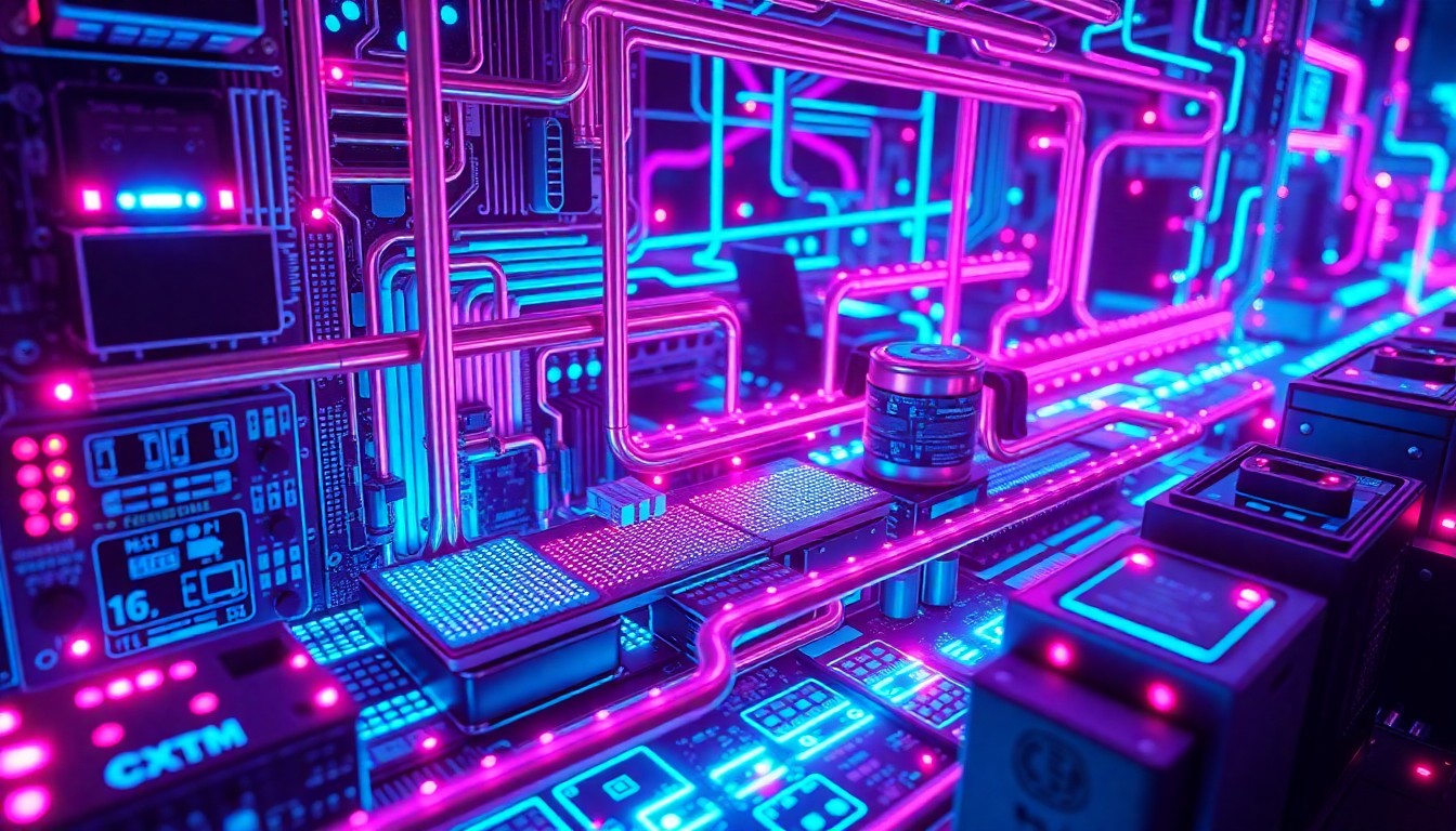 A highly detailed, glowing 3D illustration of a complex data processing pipeline or AI agent architecture, with recognizable physical tech elements like circuit boards and cooling systems illuminated by vibrant neon lights, conceptually representing the powerful data and AI infrastructure that has enabled the rapid growth of enterprise AI.