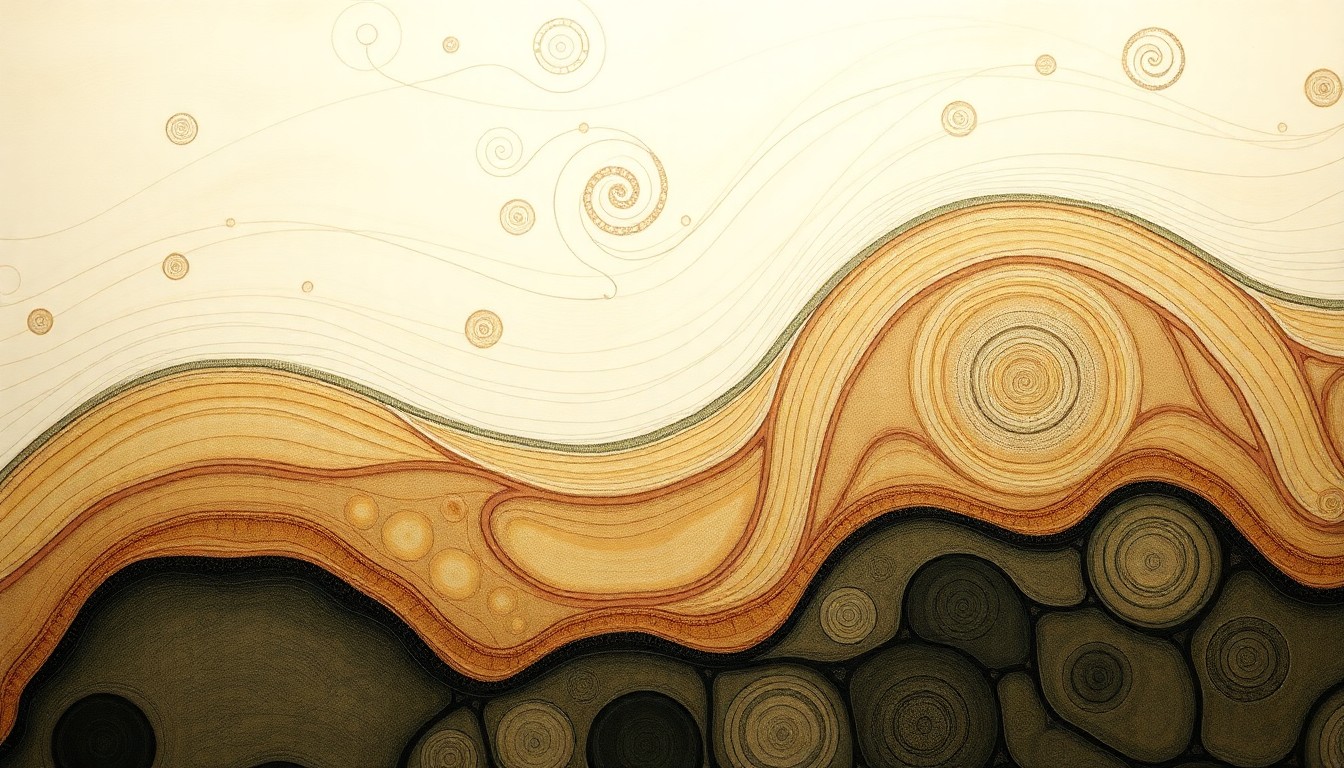 A highly textured, abstract painting in soft earth tones, featuring sweeping geometric arcs, concentric circles, and precise botanical spirals, representing the complex microscopic structure of rete ridges and the role of BMP signaling in their formation.