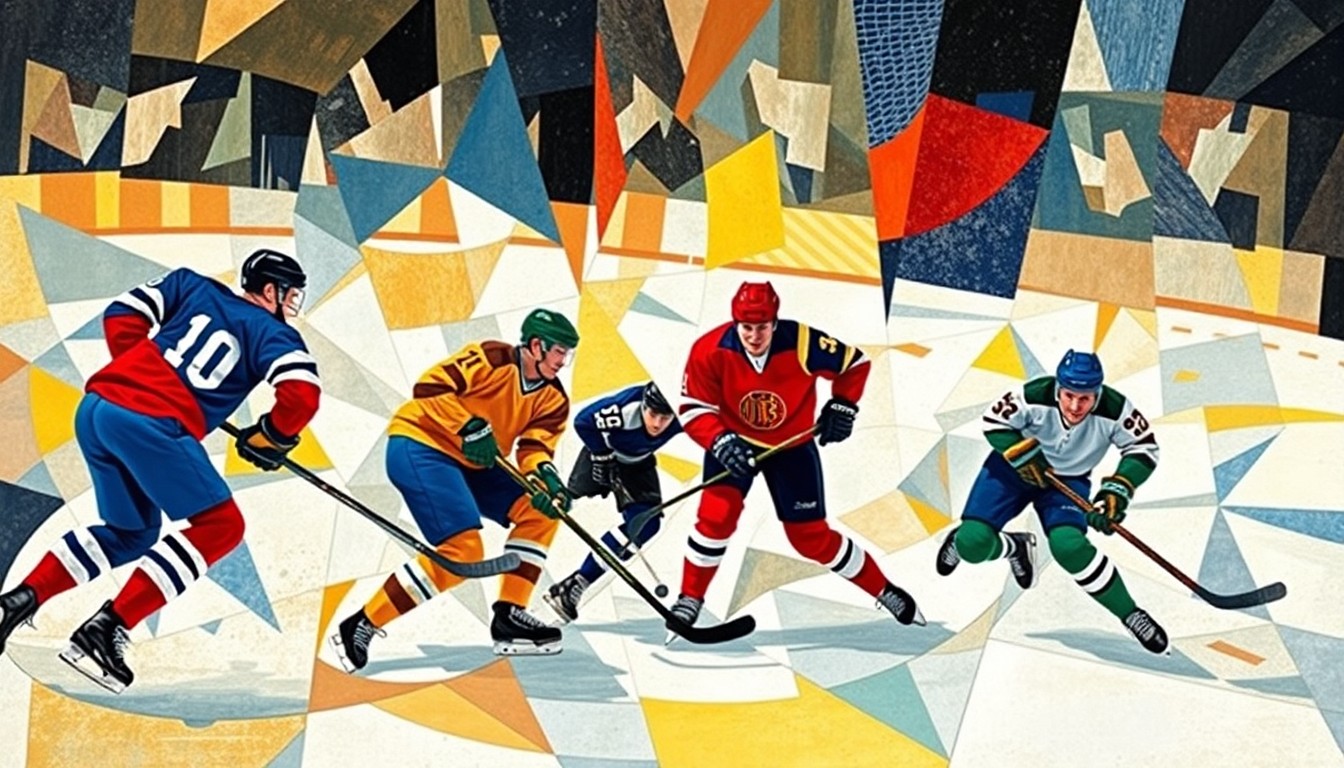 A cubist, geometric painting depicting a hockey game, with the players' forms broken down into angular, colorful shapes that capture the dynamic movement and energy of the sport.