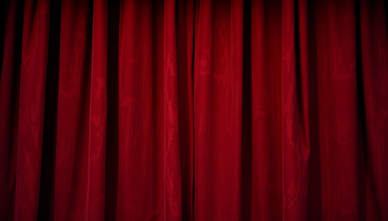 An extreme close-up of a heavily textured, crumpled theater curtain in rich burgundy and gold hues, conveying a sense of faded elegance and the weight of a classic story unfolding on the stage.